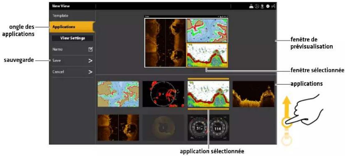 New View Template Applications View Settings Name Save > Cancel ongle des applications sauvegarde fenêtre de prévisualisation fenêtre sélectionnée applications application sélectionnée