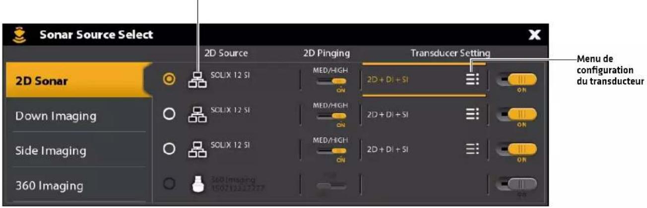 Sonar Source Select 2D Sonar Down Imaging Side Imaging 360 Imaging 2D Source 2D Pinging Transducer Setting Menu de configuration du transducteur SOLIX 12 SI MED/High ON 2D + DI + SI ON SOLIX 12 SI MED/High ON 2D + DI + SI ON SOLIX 12 SI MED/High ON 2D + DI + SI ON 360 Imaging ISO712327777