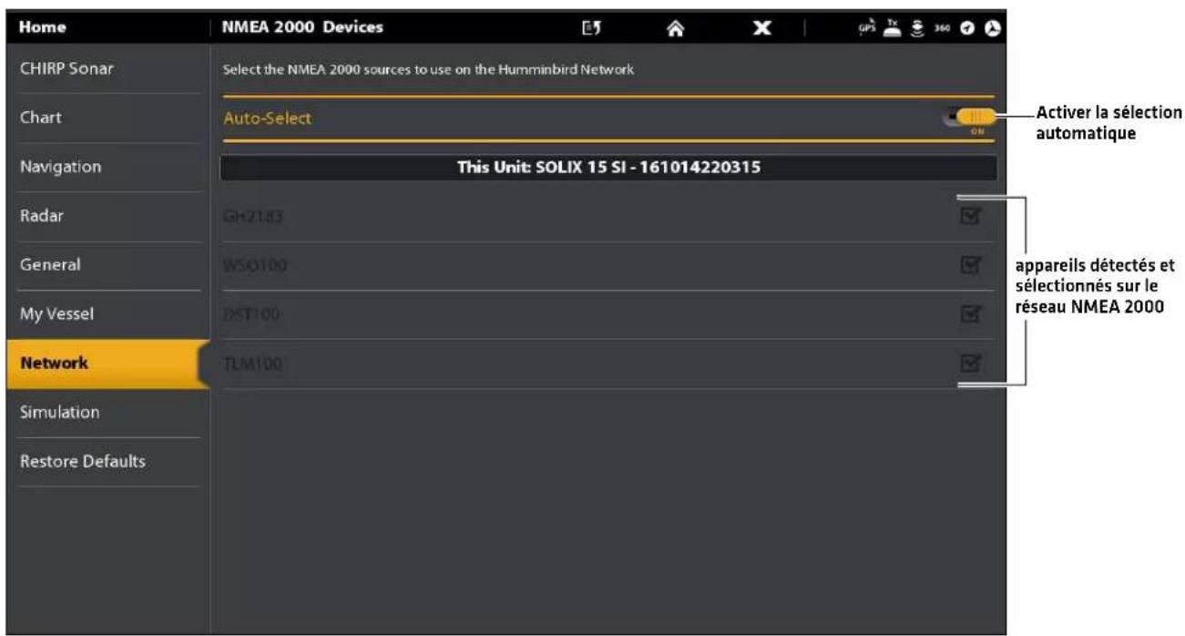 Home NMEA 2000 Devices CHIRP Sonar Select the NMEA 2000 sources to use on the Humminbird Network Chart Auto-Select Navigation This Unit: SOLIX 15 SI - 161014220315 Activer la sélection automatique Radar GH2183 General WSO100 My Vessel DST100 Network appareils détectés et sélectionnés sur le réseau NMEA 2000 Simulation TLM100 Restore Defaults