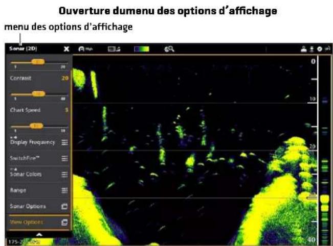 Ouverture dumenu des options d'affichage menu des options d'affichage Sonar (2D) 1 20 Contrent 20 1 49 Chart Speed 5 1 39 Display Frequency SwitchFace™ Sonar Colors Range Sonar Options View Options 175-20 - 40s