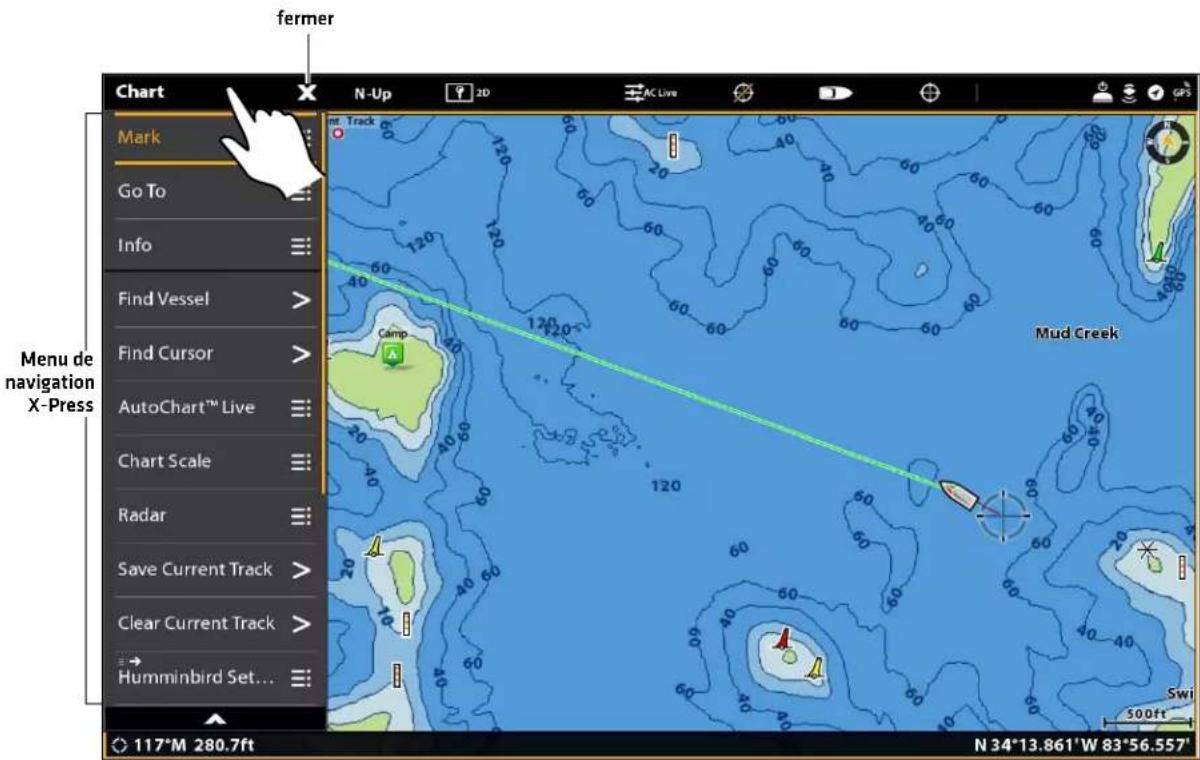 fermer Chart N-Up 2D AC Live Map Mark Go To Info Find Vessel > Find Cursor > AutoChart™ Live Chart Scale Radar Save Current Track > Clear Current Track > Humminbird Set... Menu de navigation X-Press 117°M 280.7ft Mud Creek Gamp 120 40 60 80 100 120 140 160 180 200 220 240 260 280 300 320 340 360 380 400 420 440 460 480 500ft Swi 500ft