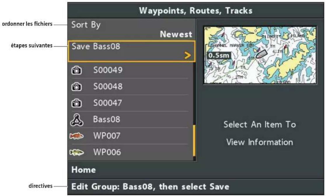 Waypoints, Routes, Tracks ordonner les fichiers Sort By Newest étapes suivantes Save Bass08 S00049 S00048 S00047 Bass08 WP007 WP006 Home select An Item To View Information Edit Group: Bass08, then select Save