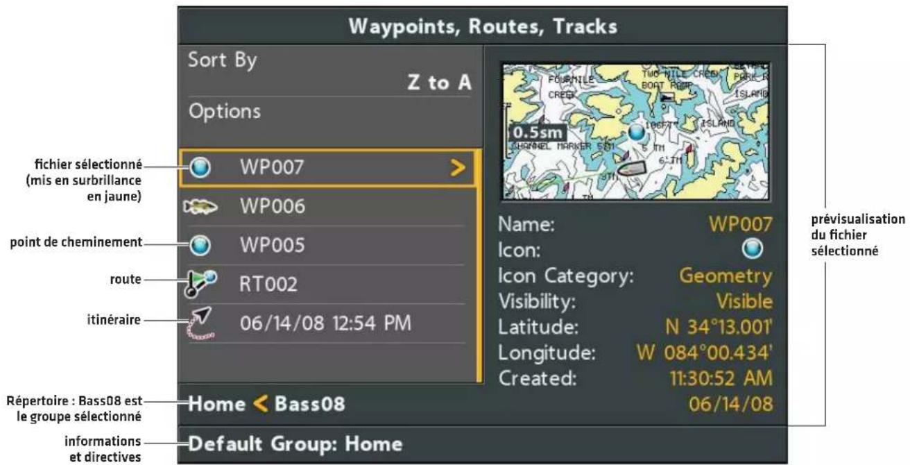 Waypoints, Routes, Tracks Sort By Z to A Options fichier sélectionné (mis en surveillance en jaune) WP007 WP006 point de cheminement WP005 route RT002 itinéraire 06/14/08 12:54 PM Name: WP007 Icon: Geometry Visibility: Visible Latitude: N 34°13.001' Longitude: W 084°00.434' Created: 11:30:52 AM 06/14/08 prévisualisation du fichier sélectionné Répertoire : Bass08 est le groupe sélectionné Home < Bass08 informations et directives Default Group: Home
