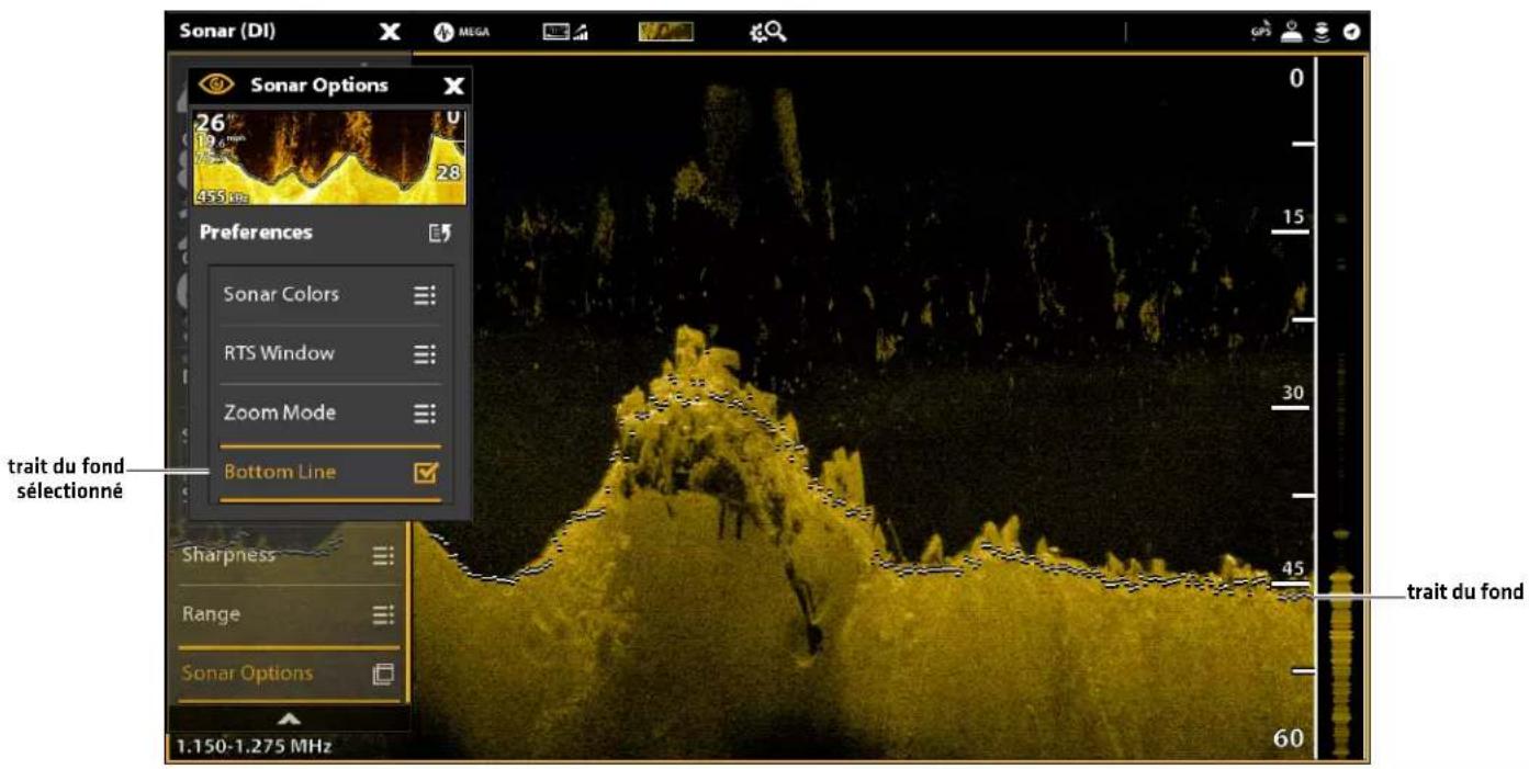 Sonar (DI) Sonar Options 26 19 mm 455 kg 28 Preferences Sonar Colors RTS Window Zoom Mode Bottom Line trait du fond sélectionné Sharpness Range Sonar Options 1.150-1.275 MHz 0 15 30 45 60 trait du fond