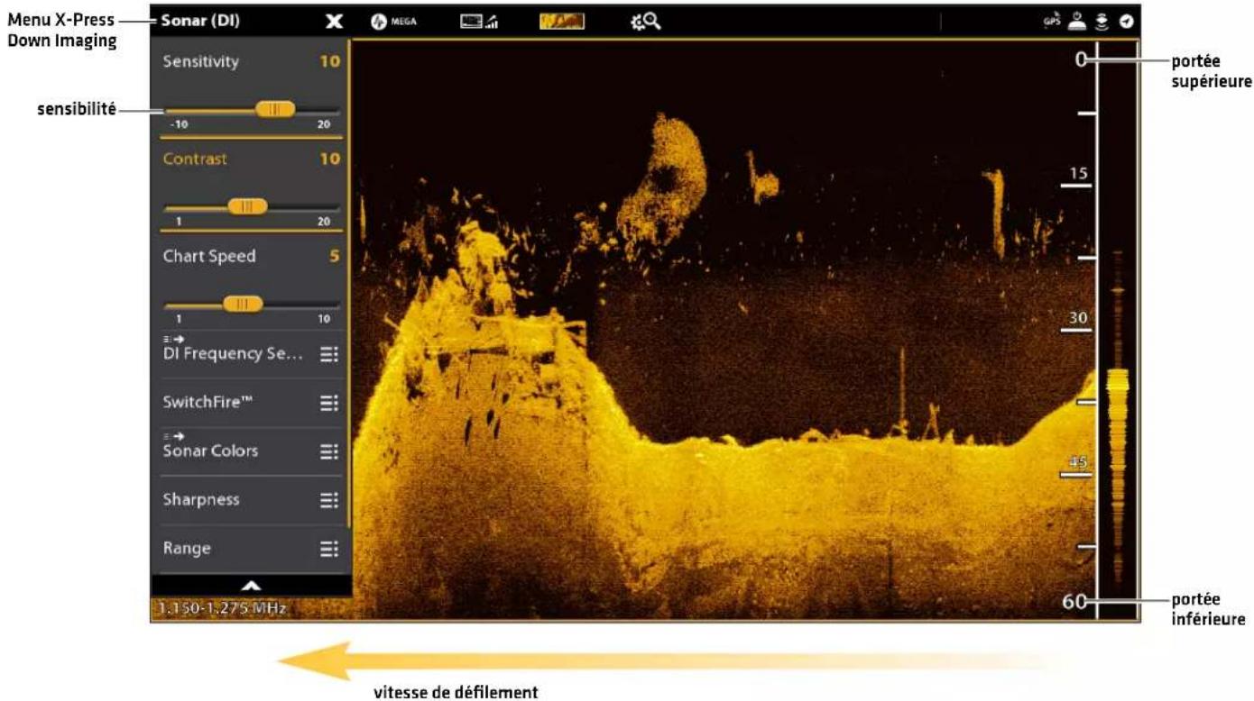 Menu X-Press Down Imaging Sonar (DI) Sensitivity 10 sensibilité -10 20 Contrast 10 Chart Speed 5 1 10 DI Frequency Se... SwitchFire™ Sonar Colors Sharpness Range 1.150-1.275 MHz portée supérieure portée inférieure vitesse de défillement