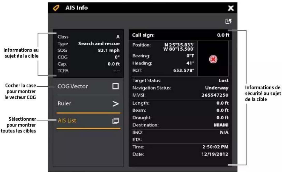 AIS Info Class A Type Search and rescue SOG 83.1 mph COG 0° Cap. 0.0 ft TCPA ---- Call sign: 0.0 ft Position: N 25°35.833' W 80°15.500' Bearing: 0°T Heading: 41° ROT: 653.578° Target Status: Lost Navigation Status: Underway MMSI: 265547250 Length: 0.0 ft Beam: 0.0 ft Draught: 0.0 ft Destination: MIAMI IMO: N/A ETA: Time: 2:50:02 PM Date: 12/19/2012 Informations au sujet de la cible Cocher la case pour montrer le vecteur COG Sélectionner pour montrer toutes les cibles