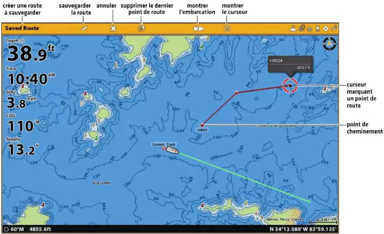 créer une route à sauvegarder sauvegarder la route annuler supprimer le dernier point de route montrer l'embarcation montrer le curseur Depth (1) 38.9 ft Time 10:40 AM SOG mph COG 110 M Supply 13.2 V Current Track Big Creek rt0024 3672.7 m curseur marquant un point de route point de cheminement 60° M 4855.6ft N 34*12.088'W 83*59.135'
