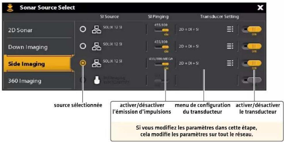 Sonar Source Select SI Source SI Pinging Transducer Setting 2D Sonar Down Imaging Side Imaging 360 Imaging source sélectionnée activer/désactiver l'émission d'impulsions menu de configuration du transducteur activer/désactiver le transducteur Si vous modifiez les paramètres dans cette étape, cela modifie les paramètres sur tout le réseau.