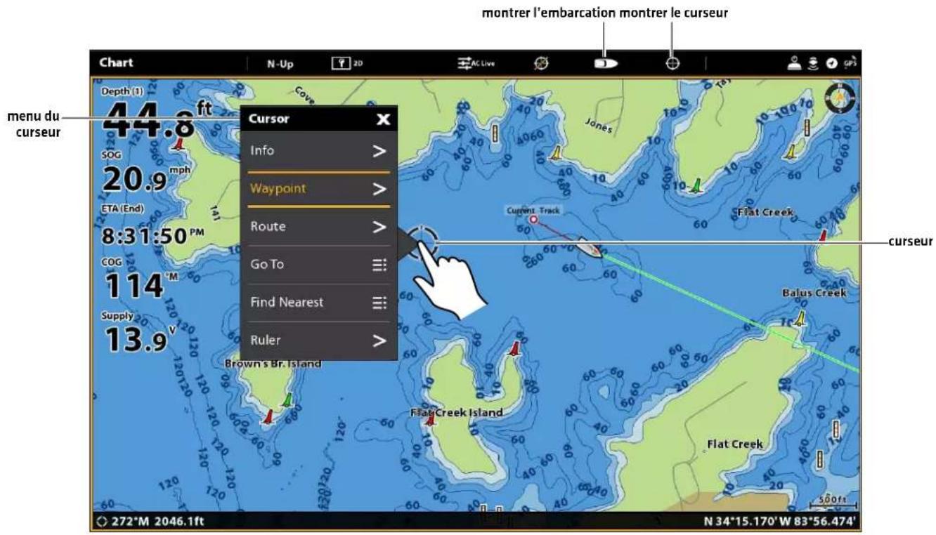 montrer l'embarcation montrer le curseur Chart N-Up AC Live Depth (1) 44.8 ft menu du curseur SOG 20.9 mph ETA (End) 8:31:50 PM COG 114 M Supply 13.9 V Cursor Info > Waypoint > Route > Go To = Find Nearest = Ruler > Balus Creek Flat Creek Island flatcreek island flatcreek 500ft 272*M 2046.1ft N 34*15.170'W 83*56.474'