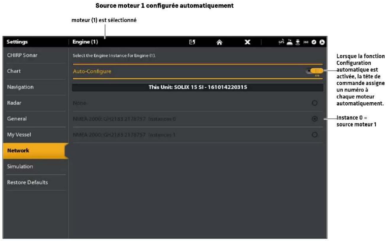 Source moteur 1 configurée automatiquement moteur (1) est sélectionné Settings Engine (1) EJ Â × GPS Tx 360 CHIRP Sonar Select the Engine Instance for Engine (1). Chart Auto-Configure Navigation This Unit: SOLIX 15 SI - 161014220315 Radar None General NMEA 2000: GH2183.2178757 Instances:0 My Vessel NMEA 2000: GH2183.2178757 Instances:1 Network Simulation Restore Defaults Lorsque la fonction Configuration automatique est activée, la tête de commande assigne un numéro à chaque moteur automatiquement. Instance 0 = source moteur 1