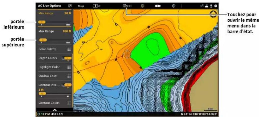 AC Live Options Min Range 20 ft Portée inférieure Portée supérieure Touchez pour ouvrir le même menu dans la barre d'état. 131° M 4961.5ft N 34'14.788"W 83'54.920'