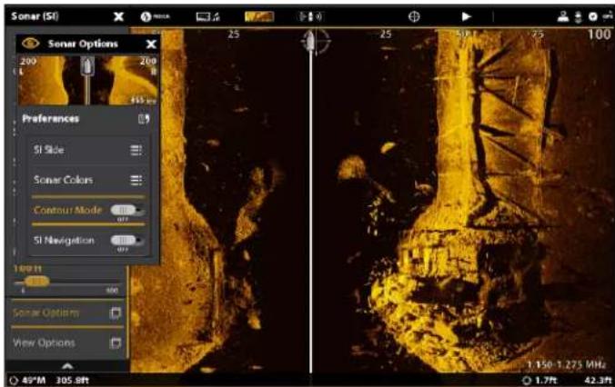 Sonar (SI) 200 200 Preferences SI Slide Sonar Colors Contour Mode SI Navigation 100:11 500 Sonar Options View Options 49°M 305.8ft 1.150:1.275 MHz 1.7ft 42.3ft
