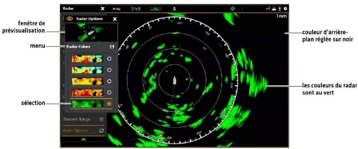 Radar Options fenêtre de prévisualisation menu Sélection Couleur d'arrière-plan réglée sur noir les couleurs du radar sont au vert Transmit Range Radar Optemy