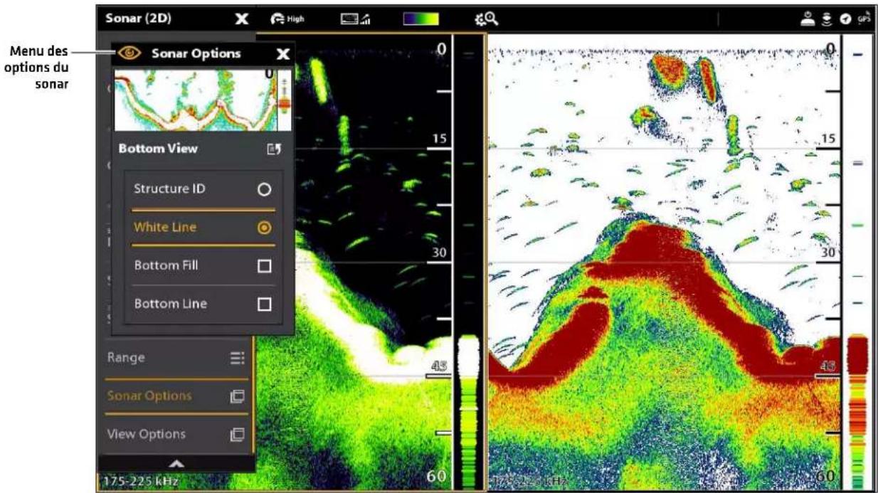 Sonar (2D) X High Menu des options du sonar Sonar Options Bottom View Structure ID White Line Bottom Fill Bottom Line Range Sonar Options View Options 175-225 kHz 0 15 30 48 60 175-225 kHz 0 15 30 48 60