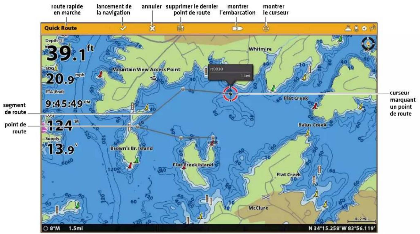 route rapide en marche lancement de la navigation annuler supprimer le dernier point de route montrer l'embarcation montrer le curseur Quick Route Depth (1) 39.1 ft SOG 20.9 mph MTAINANT VIEW ACCESS POINT HT0030 Whitmire ETA (End) 9:45:49 PM segment de route point de route 124 M Supply 13.9 V Brown's Br. Island Flat Creek Island flat Creek McClure curseur marquant un point de route 8*M 1.5ml N 34°15.258'W 83°56.119'