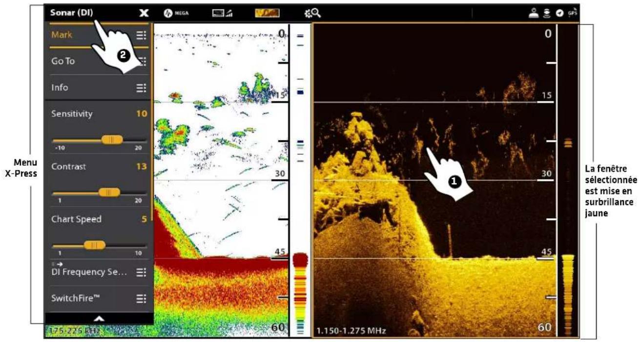 Sonar (DI) Mark Go To Info Sensitivity 10 -10 20 Contrast 13 1 20 Chart Speed 5 1 10 DI Frequency Se... SwitchFire™ 175-225 MHz 0 15 30 45 60 1.150-1.275 MHz 0 15 30 45 60 La fenêtre sélectionnée est mise en surbrillance jaune