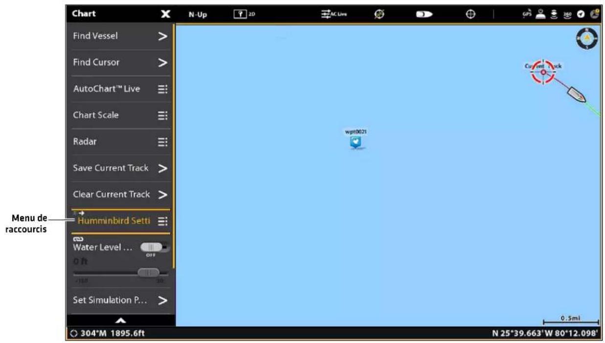 Find Vessel > Find Cursor > AutoChart™ Live Chart Scale Radar Save Current Track > Clear Current Track > Hummingbird Setti Water Level ... 0 ft Set Simulation P... Menu de raccourcis wpit0021 Current Track 0.5mi 304*M 1895.6ft N 25*39.663*W 80*12.098*