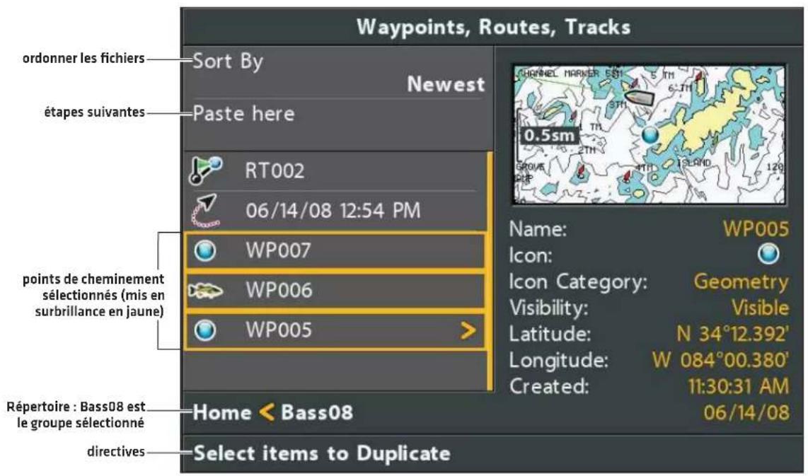 Waypoints, Routes, Tracks ordonner les fichiers Sort By Newest étapes suivantes Paste here RT002 06/14/08 12:54 PM WP007 points de cheminement sélectionnés (mis en surbrillance en jaune) WP006 WP005 Répertoire : Bass08 est le groupe sélectionné Home < Bass08 Directives Select items to Duplicate Name: WP005 Icon: Geometry Icon Category: Visible Visibility: N 34°12.392' Latitude: W 084°00.380' Longitude: Created: 11:30:31 AM 06/14/08