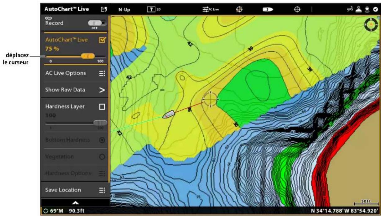AutoChart™ Live Record OFF AutoChart™ Live 75 % 0 100 AC Live Options Show Raw Data > Hardness Layer 100 Bottom Hardness Vegetation Hardness Options Save Location déplacez le curseur 42 39 38 37 36 35 34 33 32 31 30 29 28 27 26 25 24 23 22 21 20 19 18 17 16 15 14 13 12 11 10 9 8 7 6 5 4 3 2 1 0 90.3ft N 34°14.788'W 83°54.920'