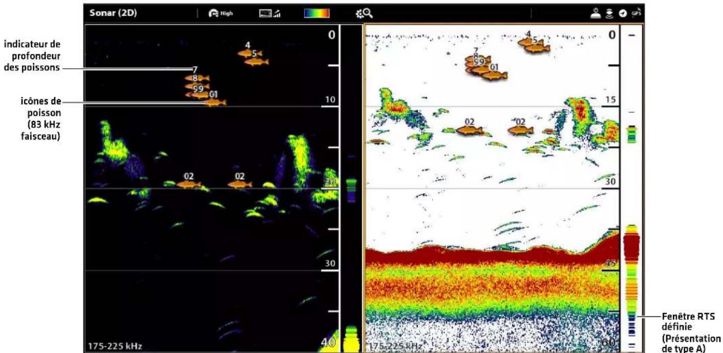 Sonar (2D) indicateur de profondeur des poissons icônes de poisson (83 kHz faisceau) 175-225 kHz 4 5 0 7 8 9 9 01 10 20 30 40 0 15 30 45 60 Fenêtre RTS définie (Présentation de type A)