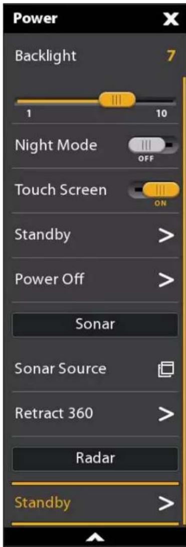 Power Backlight 7 1 10 Night Mode OFF Touch Screen ON Standby > Power Off > Sonar Sonar Source Retract 360 > Radar Standby >