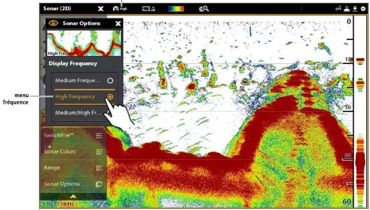Sonar (2D) Sonar Options High Freq. Display Frequency Medium Freque... High Frequency Medium/High Fr... menu fréquence SwitchFire™ Sonar Colors Range Sonar Options 17.5-22.5 kHz