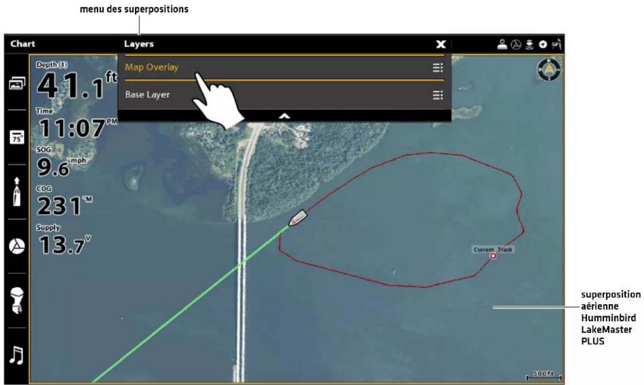 menu des superpositions Chart Layers Depth (1) 41.1 ft Time 11:07 PM SOG 9.6 mph COG 231 M Supply 13.7 V Map Overlay Base Layer Current Track superposition aérienne Humminbird LakeMaster PLUS