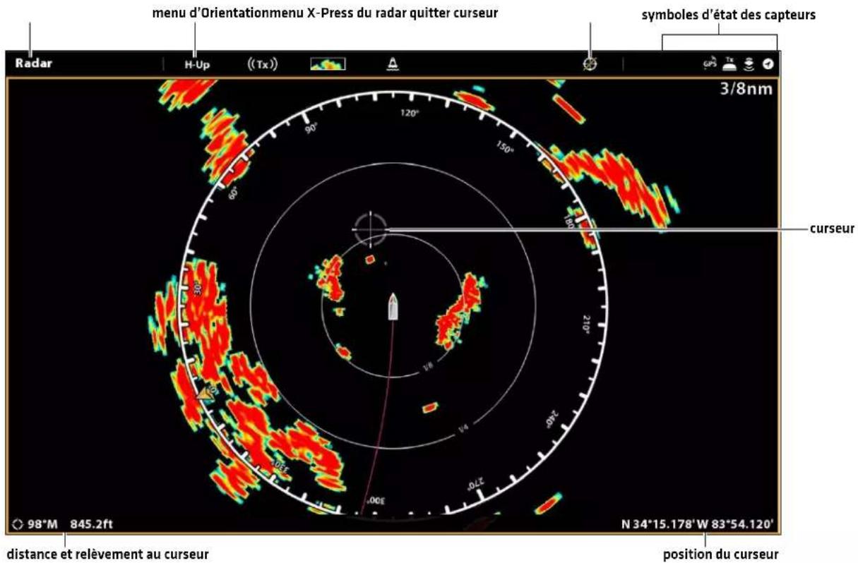 menu d'Orientationmenu X-Press du radar quitter curseur symboles d'état des capteurs 3/8nm Radar H-Up (Tx) curseur 98°M 845.2ft N 34°15.178'W 83°54.120' distance et relèvement au curseur position du curseur