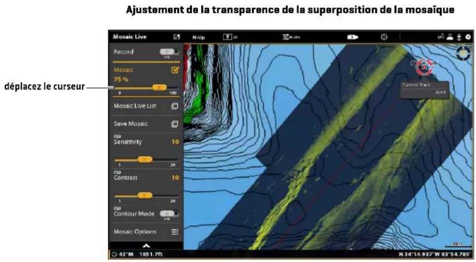 Ajustement de la transparence de la superposition de la mosiaque déplacez le curseur Mosaic Live Record Mosaic 75 % 8 100 Mosaic Live List Save Mosaic Sensitivity 10 1 20 Contrast 10 1 20 Contour Mode 10 Mosaic Options Current Track 43°M 1851.7ft N 24°16.937'W 83°54.785'