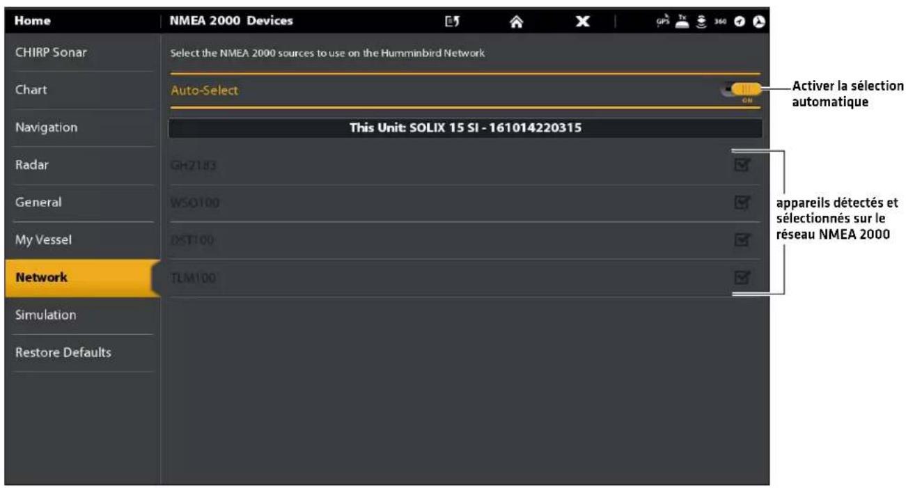 Home NMEA 2000 Devices CHIRP Sonar Select the NMEA 2000 sources to use on the Humminbird Network Chart Auto-Select Navigation This Unit: SOLIX 15 SI - 161014220315 Radar GH7183 General WSO100 My Vessel DST100 Network TLM100 Simulation Restore Defaults Activer la sélection automatique appareils détectés et sélectionnés sur le réseau NMEA 2000