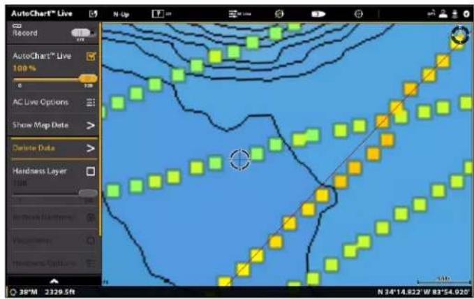 AutoChart® Live Record AutoChart® Live 100 % AC Live Options Show Map Data Delete Data Hardness Layer 100 30PM 2329.5R N Up N 34°14.822' W 82°54.020' 30PM 2329.5R