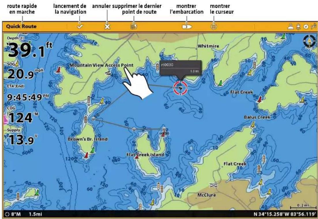 route rapide en marche lancement de la navigation annuler supprimer le dernier point de route montrer l'embarcation montrer le curseur Quick Route Depth (1) 39.1 ft Whitmire 20.9 MTAINANT VIEW ACCESS POINT r10030 1.3 mi ETA (End) 9:45:49 PM COG 124° M Supply 13.9° V Brown's Br. Island Flat Creek Island Flat Creek McClure Balus Creek 0.2 mi 8*M 1.5mi N 34*15.258'W 83*56.119'