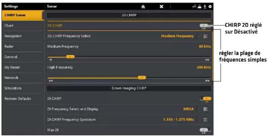 Settings CHIRP Sonar Chart Navigation Radar General My Vessel Network Simulation Restore Defaults Sonar 2D CHIRP 2D CHIRP 2D CHIRP Frequency Select Medium Frequency Medium Frequency 85 kHz 75 133 High Frequency 200 kHz 120 210 Down Imaging CHIRP DI CHIRP DI Frequency Select and Display MEGA DI CHIRP Frequency Spectrum 1.150 - 1.275 MHz Max DI CHIRP 2D réglé sur Désactivé régler la plage de fréquences simples