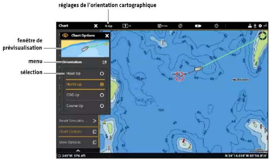 réglages de l'orientation cartographique fenêtre de prévisualisation menu sélection Chart Options Orientation Head Up North Up COG Up Course Up Reset Simulation... Chart Options View Options 240° M 576.6ft N 34°14.038" W 83°56.816