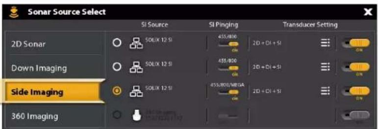Sonar Source Select SI Source SI Pinging Transducer Setting 2D Sonar 455/800 2D + DI + SI Down Imaging 455/800 2D + DI + SI Side Imaging 455/800/MEGA 2D + DI + SI 360 Imaging 360.00 µm 15.00 µm/17