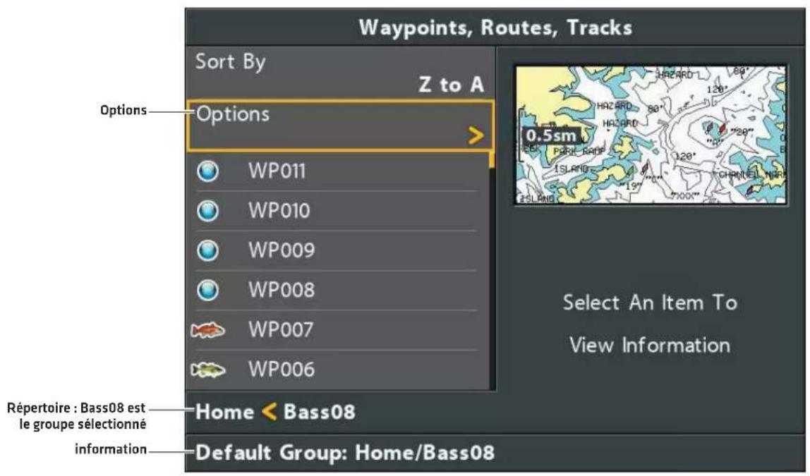 Waypoints, Routes, Tracks Sort By Z to A Options Options WP011 WP010 WP009 WP008 WP007 WP006 Récertoire : Bass08 est le groupe sélectionné information Home < Bass08 Default Group: Home/Bass08 Select An Item To View Information