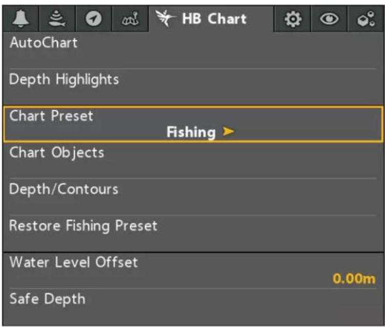AutoChart Depth Highlights Chart Preset Fishing ▶ Chart Objects Depth/Contours Restore Fishing Preset Water Level Offset 0.00m Safe Depth