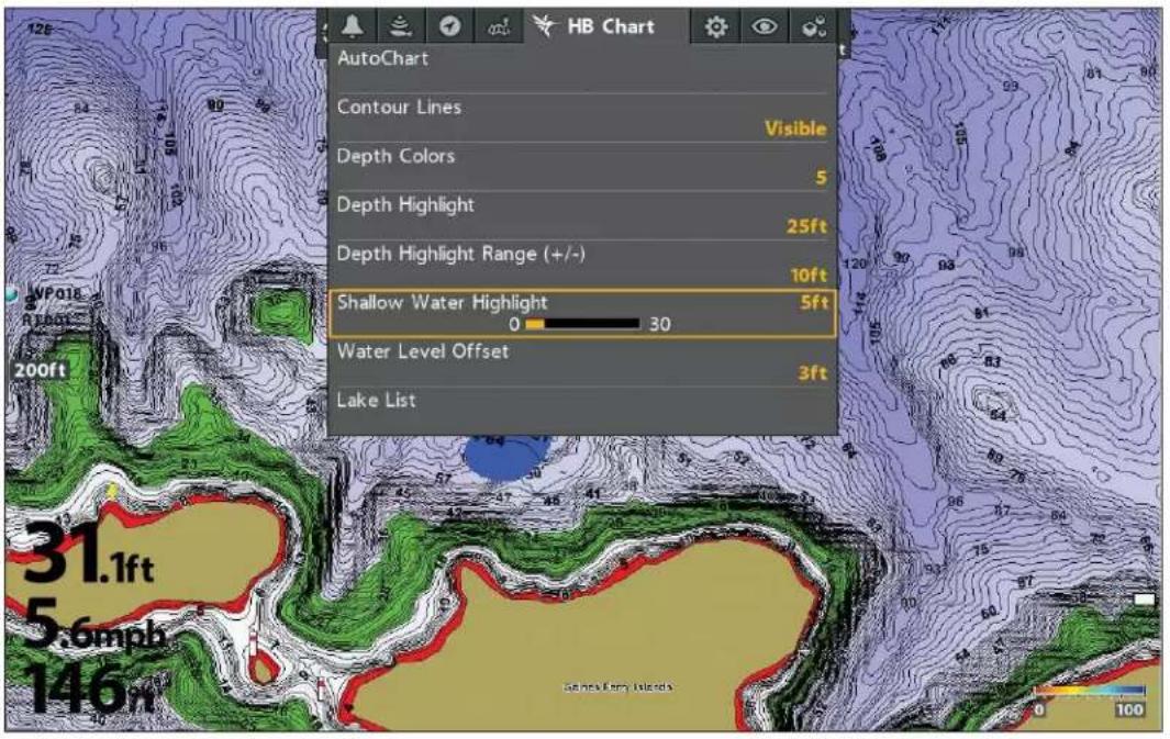 AutoChart Contour Lines Visible Depth Colors 5 Depth Highlight 25ft Depth Highlight Range (+/-) 10ft Shallow Water Highlight 5ft 0 30 Water Level Offset 3ft Lake List 31.1ft 5.6mph 146ft