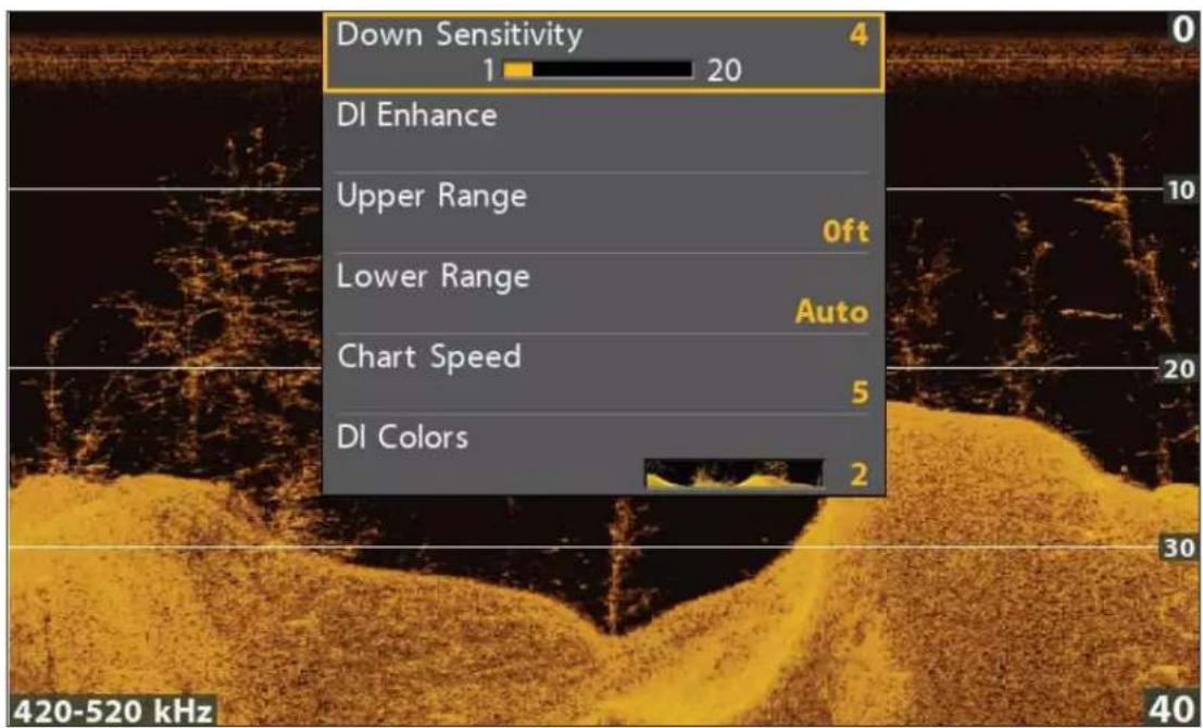 Down Sensitivity 4 1 20 DI Enhance Upper Range 0ft Lower Range Auto Chart Speed 5 DI Colors 2 420-520 kHz