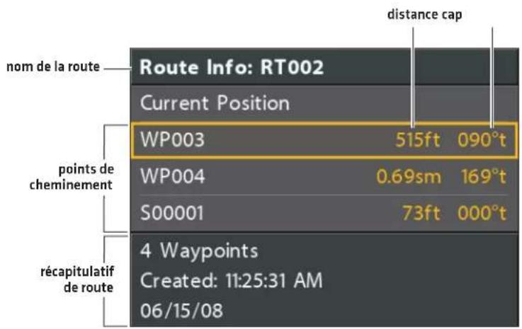 nom de la route Route Info: RT002 Current Position WP003 515ft 090°t WP004 0.69sm 169°t S00001 73ft 000°t points de cheminement récapitulatif de route 4 Waypoints Created: 11:25:31 AM 06/15/08 distance cap