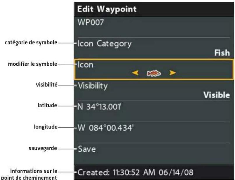 Edit Waypoint WP007 catégorie de symbole Icon Category fish modifier le symbole Icon visibility Visibility latitude N 34°13.001' longitude W 084°00.434' sauvegarde Save informations sur le point de cheminement Created: 11:30:52 AM 06/14/08