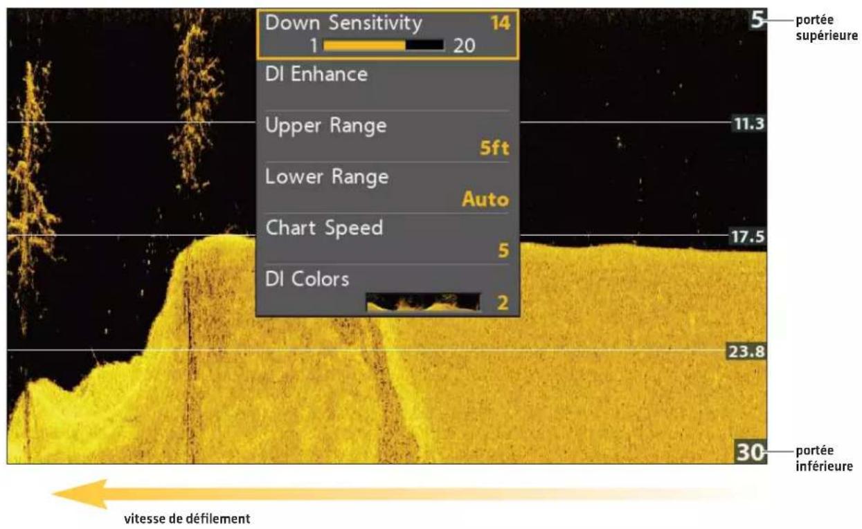 Down Sensitivity 14 1 20 DI Enhance Upper Range 5ft Lower Range Auto Chart Speed 5 DI Colors 2 portée supérieure 11.3 17.5 23.8 30 portée inférieure vitesse de défilement