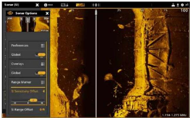 Sonar (SI) X 25 25 75 100 Sonar Options 200 200 100% Preferences Global Overlays Global Range Manager SI Sensitivity Offset 4 SI Range Offset 0 FT 1.159 1.275 MHz