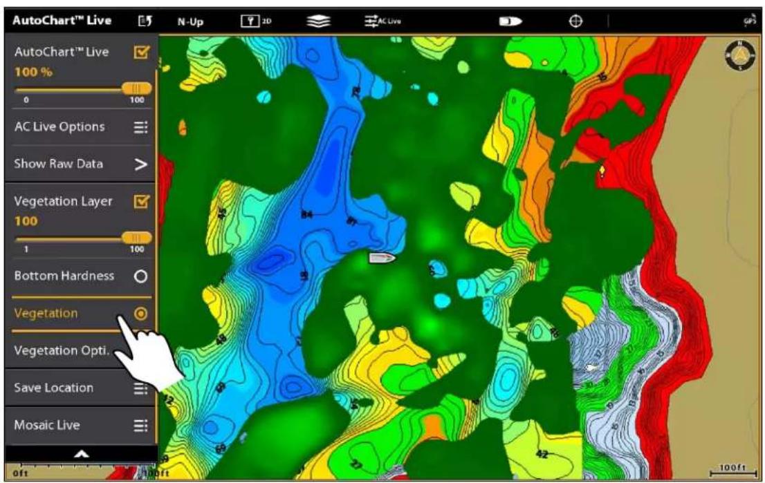 AutoChart™ Live AutoChart™ Live 100 % 0 100 AC Live Options Show Raw Data > Vegetation Layer 100 1 100 Bottom Hardness Vegetation Vegetation Opti. Save Location Mosaic Live oft N-Up 20 AC Live 100ft