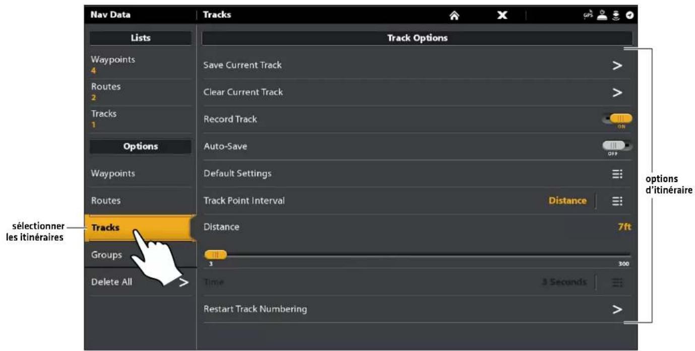Nav Data Tracks Lists Waypoints 4 Routes 2 Tracks 1 Options Waypoints Routes Tracks Groups Delete All Track Options Save Current Track Clear Current Track Record Track Auto-Save Default Settings Track Point Interval Distance Distance 3 ft 300 Time 3 Seconds Restart Track Numbering sélectionner les itinéraires options d'itinéraire