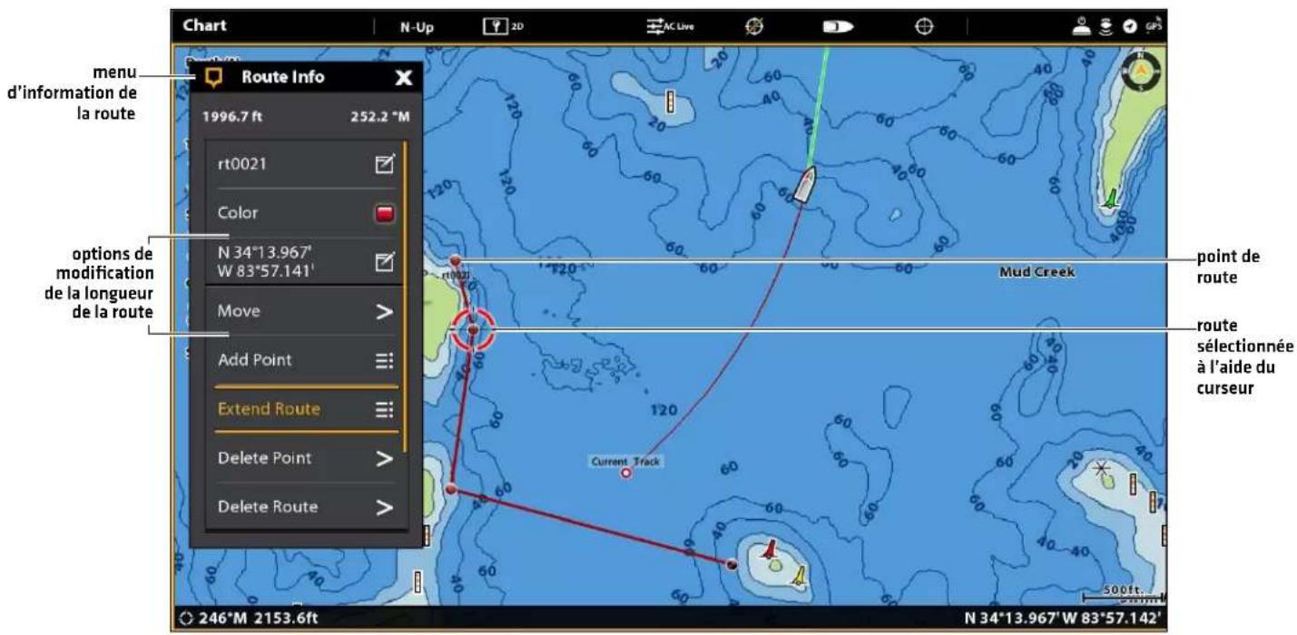 Chart N-Up 2D AC Live route Info 1996.7 ft 252.2 °M rt0021 Color N 34°13.967' W 83°57.141' Move > Add Point Extend Route Delete Point Delete Route points de route route sélectionnée à l'aide du curseur Mud Creek Current Track 246°M 2153.6ft N 34°13.967' W 83°57.142'