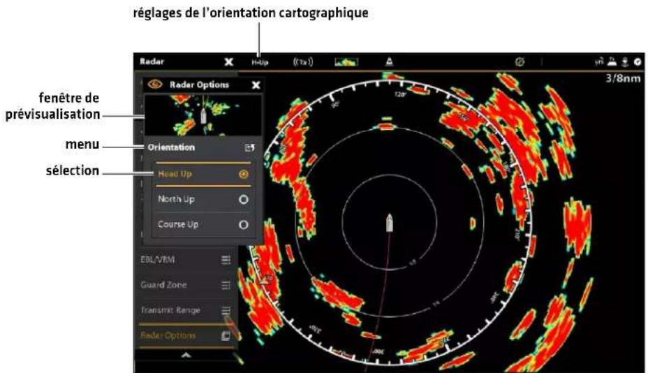 réglages de l'orientation cartographique Radar Options 3/8nm fenêtre de prévisualisation menu sélection Orientation Head Up North Up Course Up EBL/VRM Guard Zone Transmit Range Radar Options