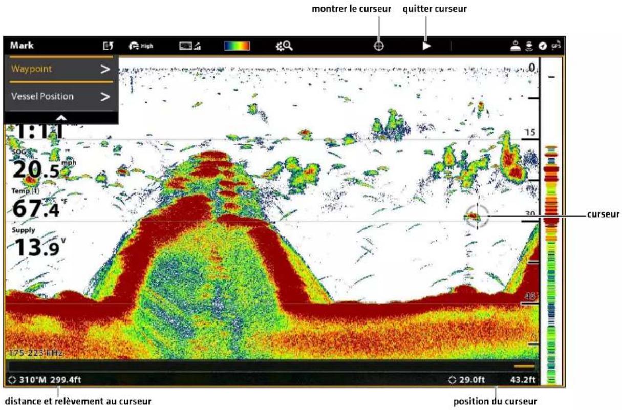 montrer le curseur quitter curseur Mark Waypoint > Vessel Position > 1:1 SOG 20.5 mph Temp.(t) 67.4 °F Supply 13.9 V 175-225 kHz distance et relèvement au curseur position du curseur 310° M 299.4ft 29.0ft 43.2ft