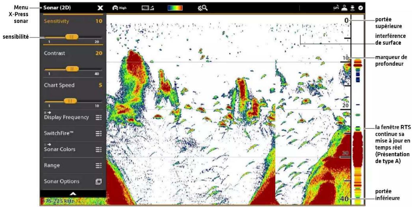 Menu X-Press sonar sensibilité Sonar (2D) Sensitivity 10 1 20 Contrast 20 1 40 Chart Speed 5 1 10 ≡→ Display Frequency ≡ SwitchFire™ ≡ ≡→ Sonar Colors ≡ Range ≡ Sonar Options □ 176-225 kHz 0 portée supérieure interférence de surface 10 marqueur de profondeur 20 la fenêtre RTS continue sa mise à jour en temps réel (Présentation de type A) 30 portée inférieure 40