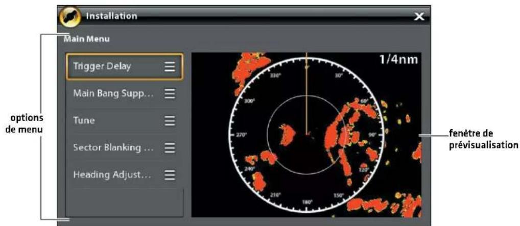 Installation Main Menu Trigger Delay Main Bang Supp... Tune Sector Blanking ... Heading Adjust... options de menu 1/4nm 330° 30° 60° 270° 90° 240° 120° 210° 180° 150° fenêtre de prévisualisation